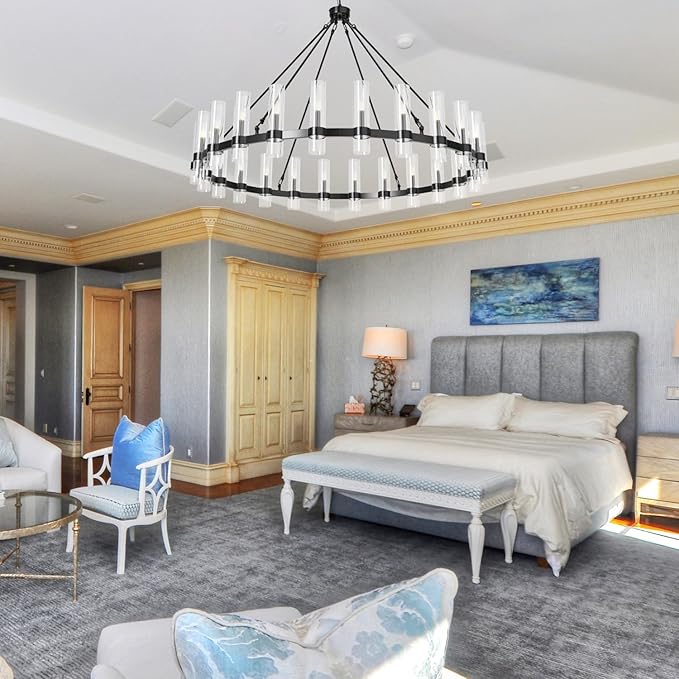 60 Inch Black Wagon Wheel Chandelier, 24 Lights with Glass Shades Light Fixtures, Large Modern Farmhouse Pendant Light for Dining Room, Living Room, Kitchen, Foyer, High Ceilings