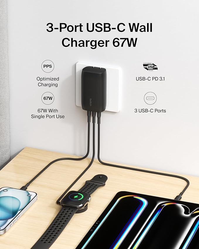 Belkin 3-Port USB C Charger Block w/PPS 67W, USB-C PD 3.1 Super Fast Charging - Samsung Galaxy S25, Apple iPhone 16, MacBook Pro, AirPods, Nintendo Switch 2, & Other PD Enabled Devices - Black