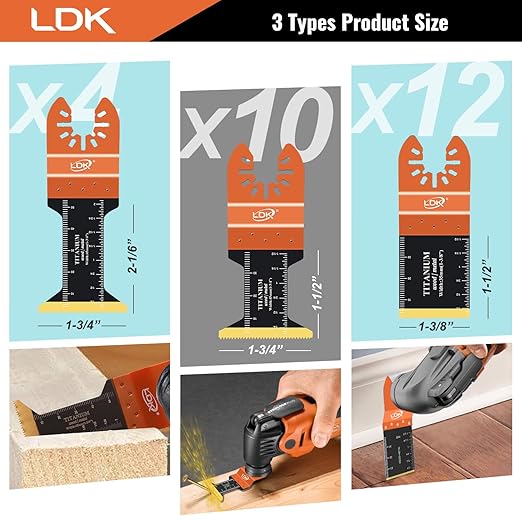 LDK 26pcs Titanium Oscillating Saw Blades Metal Cutting, Universal Multitool Blades for Metal Nails Hard Material and Wood Plastic, Quick Release Multi Tool Kits