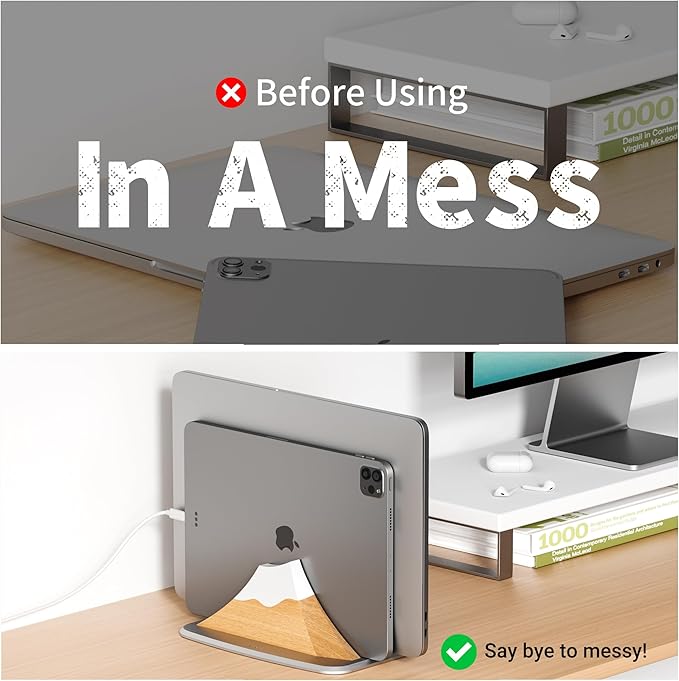 Vertical Laptop Stand - Snow Peak-Shaped Wooden Holder Dock Compatible with MacBook, Surface, Chromebook, Dell & More - Space-Saving Design for All Laptops