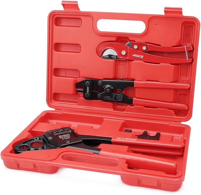 iCrimp ICP-1234AH PEX Crimping Tool Kit - 1/2-in & 3/4-in Copper Crimp Rings, Dual Size Crimper, PEX Removal Tool and Pipe Cutter - Meets ASTM F1807 Standard
