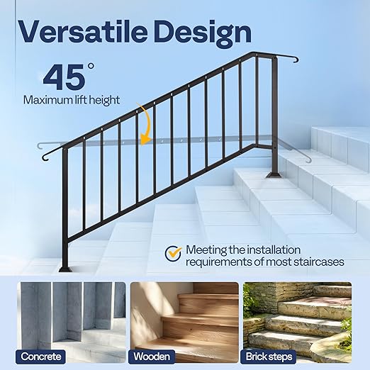 VIVOHOME 2-Pack 6 Step Galvanized Steel Hand Rails for Outdoor Steps – Curved Ends and Safety Balusters Exterior Railing for Porch, Deck, or Indoor Stairs, Complete Installation Kit