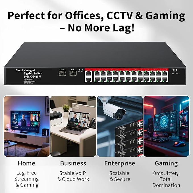 STEAMEMO 26-Port Gigabit Ethernet Switch | Smart Managed with 2 SFP Slots | QoS & VLAN Support | Rackmount/Desktop Metal Network Switch | Plug & Play Setup(Includes Power Adapter)