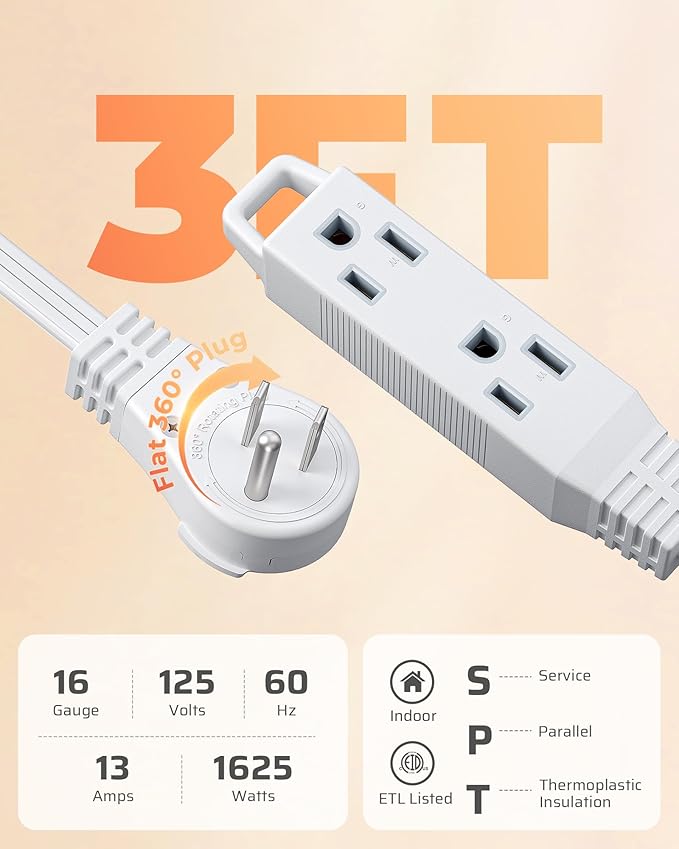 DEWENWILS 3FT 360° Rotating Flat Plug Extension Cord/Wire, 16AWG Multi 3 Outlet Extension Cord, 3 Prong Grounded Wire for Small Appliances, 2 Pack, White