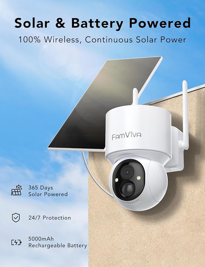 2K Solar Security Cameras Wireless Outdoor, 360°PTZ Battery Powered Cameras for Home Security, 2.4G WiFi Outdoor Camera with Color Night Vision, IP66 Waterproof, Motion Sensor Alarm, White，2Pack