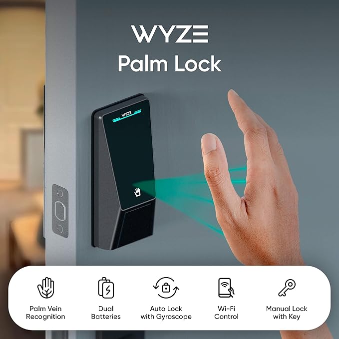 Wyze Palm Lock, Smart Door Lock with Palm Vein Recognition, Keyless Entry Smart Locks for Front Door, Keypad, Auto Lock, Dual Battery, Wi-Fi, Works with Alexa & Google, BHMA, IP53, Mechanical Key