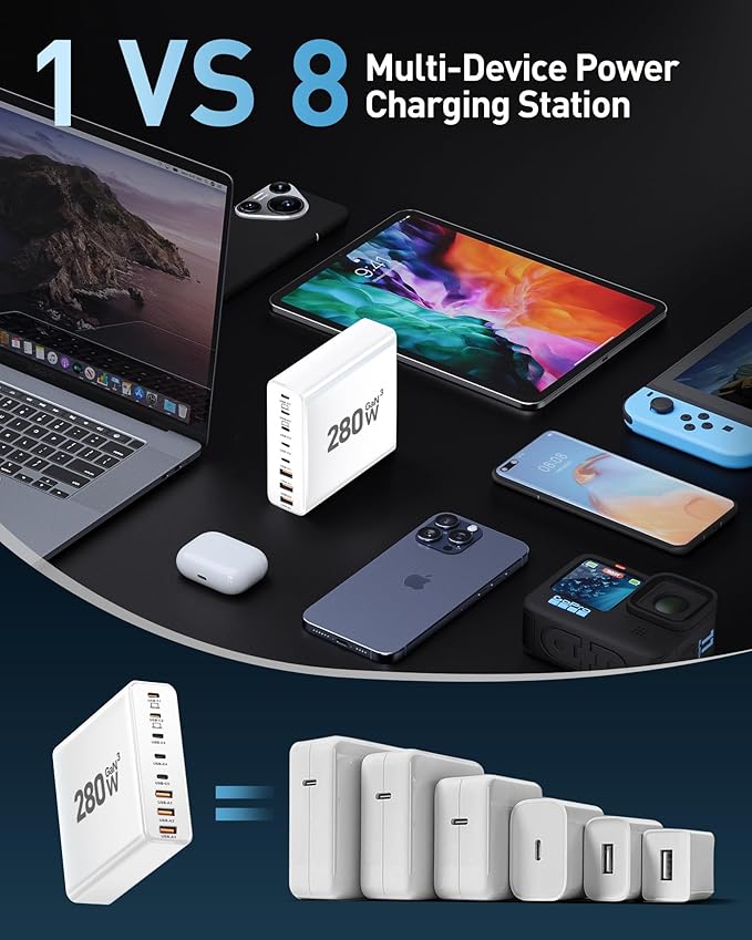 280W USB C Charger Block, 8-Port USB C Charging Station GaN III PD 65W Laptop Charger Adapter Compatible with MacBookPro/Air,DELL,iPad,Portable Charging Station for iPhone,Samsung Galaxy (White)