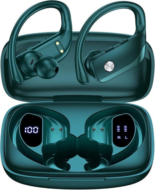 bmanl Wireless Earbuds Bluetooth Headphones 48hrs Play Back Sport Earphones with LED Display Over-Ear Buds with Earhooks Built-in Mic Headset for Workout Green