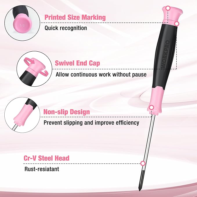 WORKPRO 10-Piece Precision Screwdriver Set with Pink Pouch, Phillips, Slotted, Torx Star, Magnetic Tip Small Screwdriver Repair Kit, for Eyeglass, Watch, Computer, Laptop and Phone - Pink Ribbon