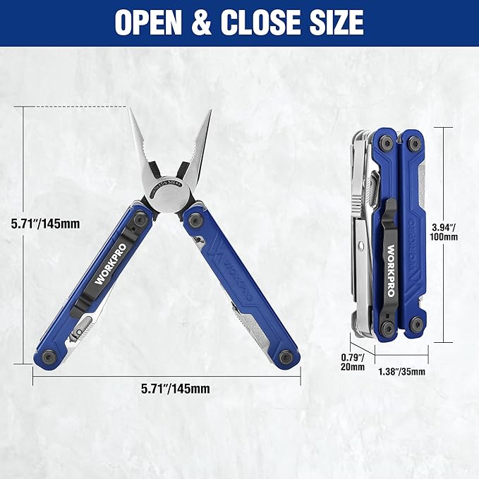 WORKPRO 18-in-1 Multi Tool Pliers, Gifts for Dad, Stainless Steel EDC Multitool with Pocket Knife, 2 Safety Locks, Belt Clip and Oxford Pouch, Multipurpose Utility Multiuse Tool for Outdoor Activities