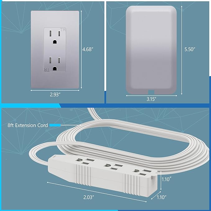 LIDER Flat-Face Outlet Extender with 3 Receptacles, Ultra-Thin Wall Plate Plug with Cord Extender and 3-Outlet Power Strip, 8ft Cord, LWE8-315-SV, ETL-Listed, Silver
