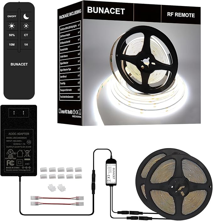 COB LED Strip Lights 5760LEDs, 40FT 6500K Dimmable Cool Light Bright LED Lights for Bedroom Counter Under Cabinet Kitchen