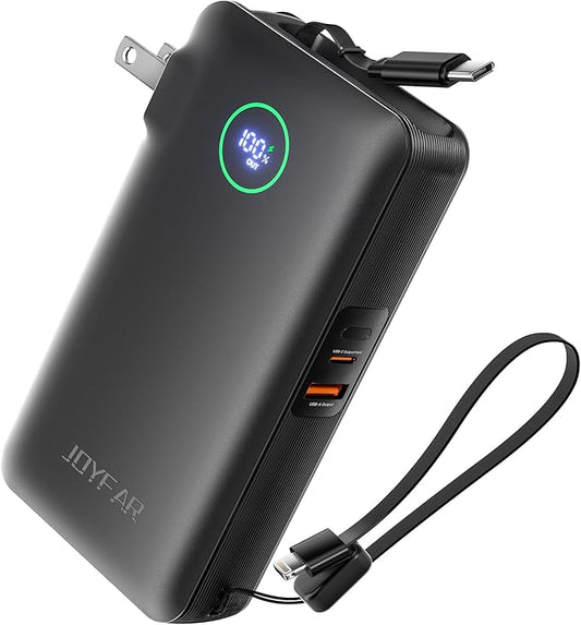 Portable Charger Power Bank - Battery Pack 35W AC Plug GaN 10000mAh Built in Cable USB C Phone Fast Charging Powerbank Compatible with iPhone 16 15 14 13 12 11 X iPad MacBook Samsung (Black)