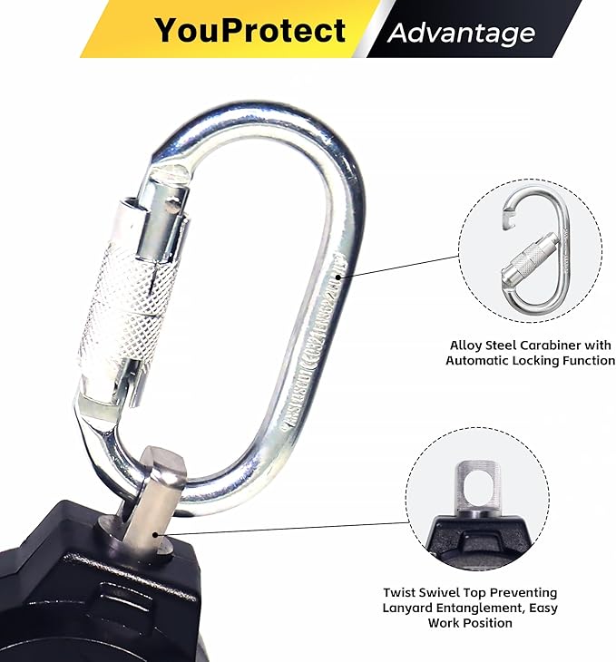 6FT Self Retracting Lifeline Fall Protection Retractable Lanyard, Fall Arrest Safety Yoyo for Construction Industrial - OSHA/ANSI Compliant (Small Hook)