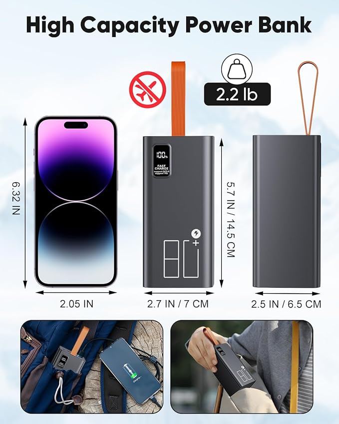 Power Bank 80000mAh Portable Charger High Capacity, 30W Fast Charging Battery Pack PD&QC 3.0, USB-C 5 Outputs 2 Inputs & LED Display Powerbank Compatible with iPhone,Samsung for Camping Travel Outdoor