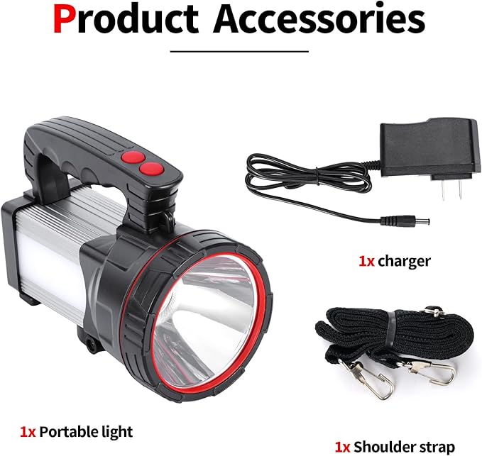 Superbright LED Handheld Searchlight Tactical Waterproof Spotlight High Power Rechargeable Flashlights with Side Light USB Power Charger (White Light)