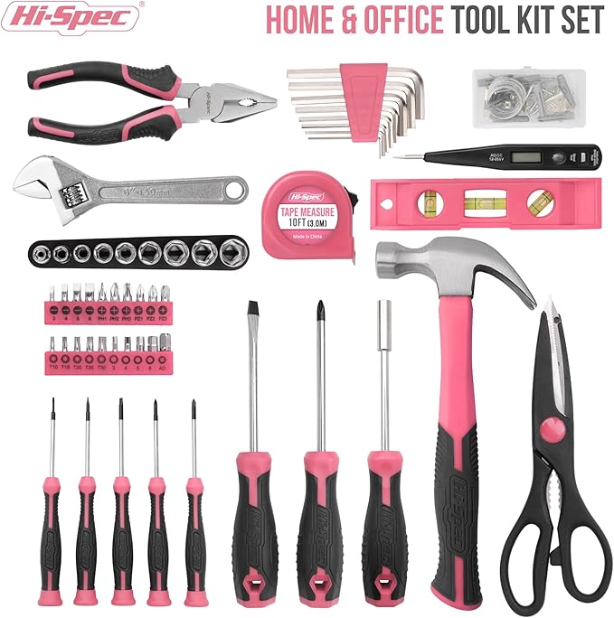 Hi-Spec 54pc Pink Home DIY Repair Tool Kit Set. Women Ladies Beginner Complete Hand Tools in a Portable Toolbox Case for the Household and Office