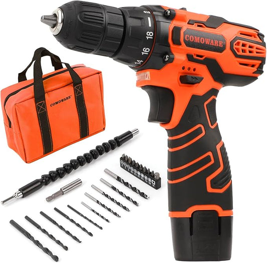 COMOWARE Cordless Drill Set, 12V Power Drill with Battery & Charger, 3/8" Keyless Chuck, 23Pcs Driver Bits Orange Storage Bag included