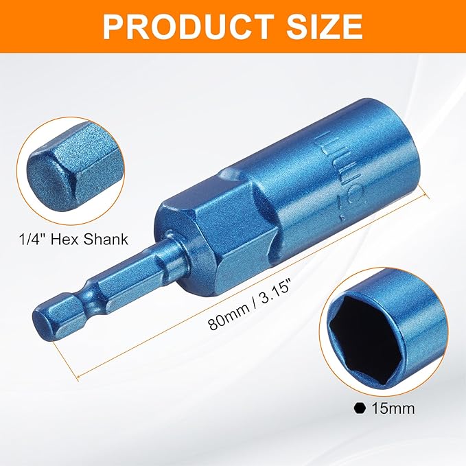 HARFINGTON Nut Driver 15mm Hex Drive Socket CR-V Steel Power Screw Drill Bits Socket Wrench Tools with 1/4" Quick Change Hex Shank for Power Drills Impact Drivers, Blue