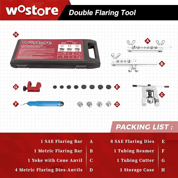 Wostore Professional Brake Line Flare Kit for Single, Double (SAE) Flares & Bubble (ISO) Flares with Tubing Cutter Pipe Reamer for 3/16-5/8" 7 Sizes