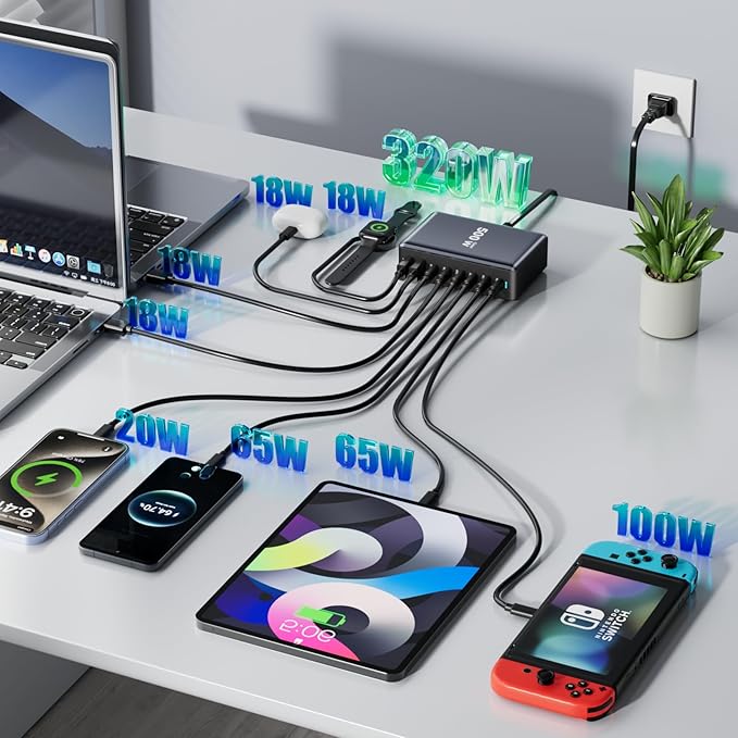 320W Fast Charging 8 Port USB C Charger Block, Multi-Device USB Charging Station Wall Desktop Charger with GaN Ⅲ Technology, USB-C Charger Adapter for MacBook/iPad/iPhone 16/Samsung Galaxy/DELL/HP