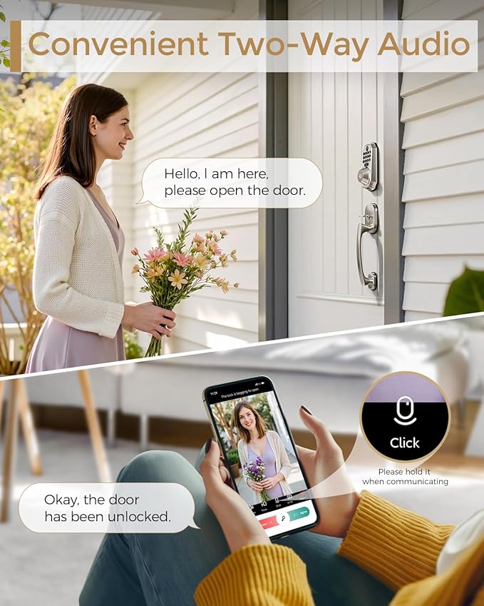 WiFi Smart Lock with Camera - Keyless Entry Deadbolt with Handle Set, 5-in-1 Camera+Doorbell+Fingerprint+Keypad, App Control, Auto Lock, Easy Install, Waterproof for Front Door, Satin Nickel