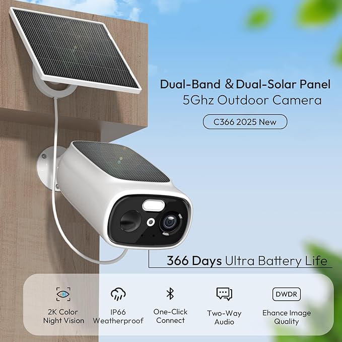 2K Solar Camera Outdoor Wireless, 2.4/5 Ghz WiFi Cameras for Home Security,130°-Wide View,Color Night Vision, IP65 Waterproof,2-Way Audio,Cloud/SD, Support Alexa