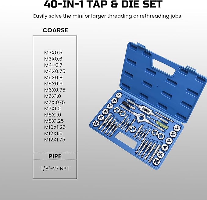 40pcs Metric Tap and Die Set, Metric Standard Rethreading Tool Kit, Coarse and Fine Threads for Cutting External and Internal Threads, Essential Repair Tool Kit with Thread Wrench