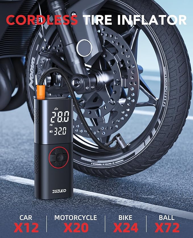 Tire Inflator Portable Air Compressor, 150PSI Rechargeable Air Pump for Car Tires with Battery, Cordless Tire Pump with Pressure Gauge & LCD Dual Screen, for Cars, Motorcycles, Bikes, Balls