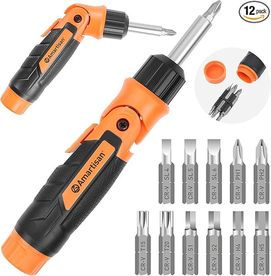 Amartisan 12-in-1 Multi Bit Screwdriver, Ratchet Screwdriver, 60-Degree Adjust Precision Screw Driver, Slotted/Philips/Torx/Square/Hex