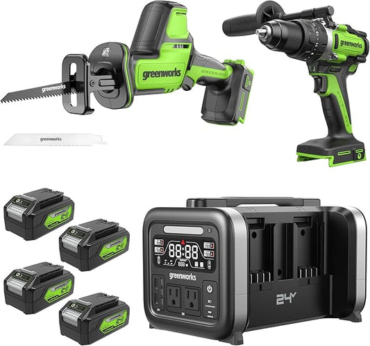 Greenworks 24V Power Tool Combo Kit with 500W Inverter, Brushless Reciprocating Saw & Drill Driver, 65W USB-C, Tool-Free Blade Change, 4x 4Ah Batteries Included