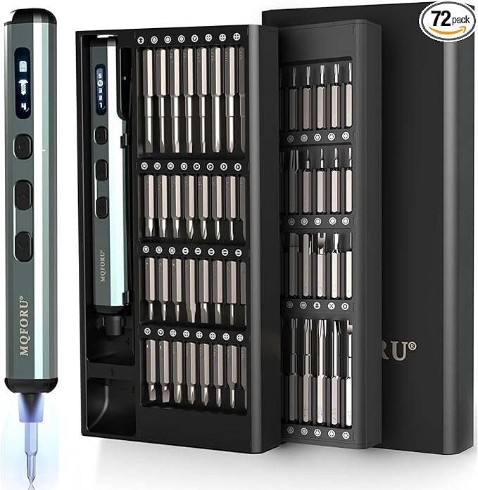 MQFORU Mini Electric Screwdriver, 72 in 1 Precision Screwdriver Kit with 64 Magnetic Bits, 5 Torque Settings，LED Screen Display, Rechargeable Power Screwdriver for Precision Work Phone Watch Camera