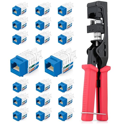 Everest easyJACK - 45° Angled Speed Termination Keystone Tool Set - with 20-Pack of RJ45 Cat6A Keystone Jacks in White (Slim Profile Design) - Time Saver Network Punch Down Tool Cat6A