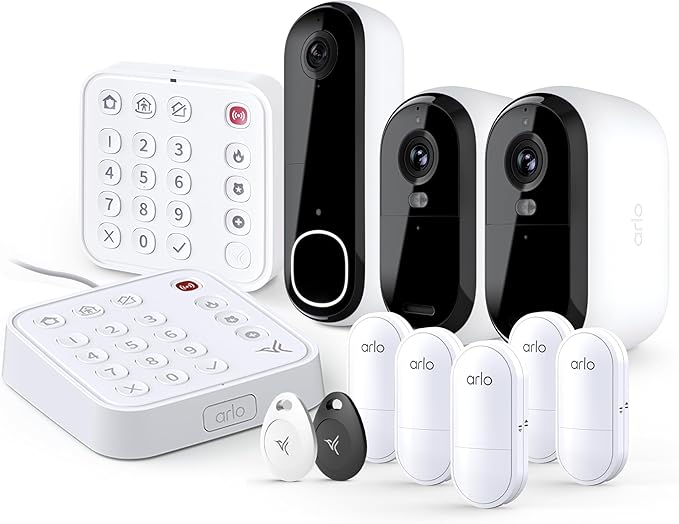 Home Security System - Wired Keypad Sensor Hub, (5) 8-in-1 Sensors, Video Doorbell 2K + Outdoor Camera 2K (2 Cam) + Security Tag Accessory + Wireless Keypad Bundle-No Contract, Alarm System for Home