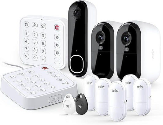 Home Security System - Wired Keypad Sensor Hub, (5) 8-in-1 Sensors, Video Doorbell 2K + Outdoor Camera 2K (2 Cam) + Security Tag Accessory + Wireless Keypad Bundle-No Contract, Alarm System for Home
