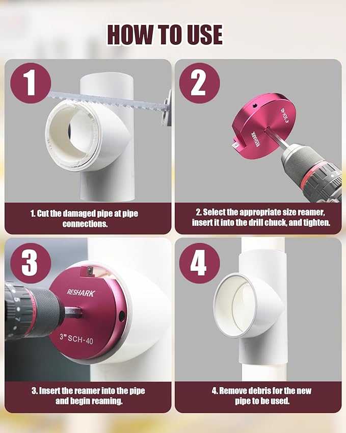 4 Pcs PVC Pipe Reamer Kit, PVC Fitsting Saver, Plastic Pipe Fitsting Reamer Socket Saver Plumbing Tool Includes 3/4'', 1'', 1 1/2'', 2'' for Schedule 40 Fits Standard 1/2" Drill