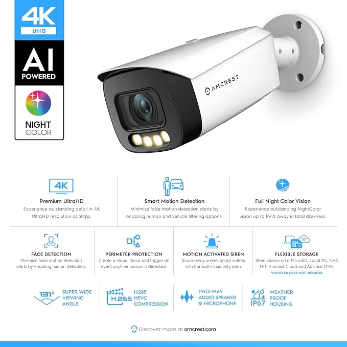 Amcrest 4K AI Bullet IP PoE Camera, 4K@30fps, 164ft Night Color Vision, Security IP Camera Outdoor, Face Detection, Human & Vehicle Detection, Built-in Siren Alarm, Built in Mic IP8M-TB2886EW-AI