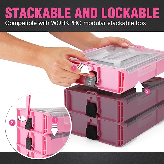 WORKPRO Pink Power Drill Set and Stackable Tool Box, 8V Cordless Drill Driver with Bit Set, 2.0Ah Electric Cordless Screwdriver Kit with 3/8" Keyless Chuck, For Home DIY- Pink Ribbon