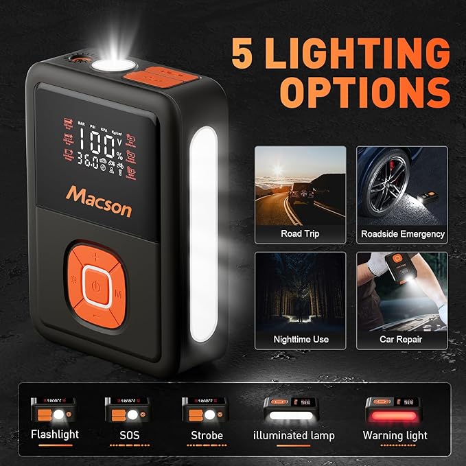 Jump Starter with Air Compressor, 1500A Portable Car Battery Charger for 6L Gas/4L Diesel, 150PSI Tire Inflator 12V 8000mAh Jump Box with 5 Modes Flashlight and LED Display for Car Emergency Use