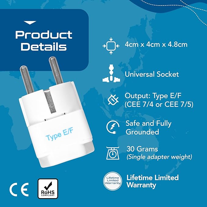 Ceptics Schuko, Germany France Travel Power Adapter, Grounded European Plug - Type E/F Outlet, Adaptor for USA to Europe EU Socket - 3 Pack - Use In Norway, Korea, Spain, Greece, Russia, Iceland