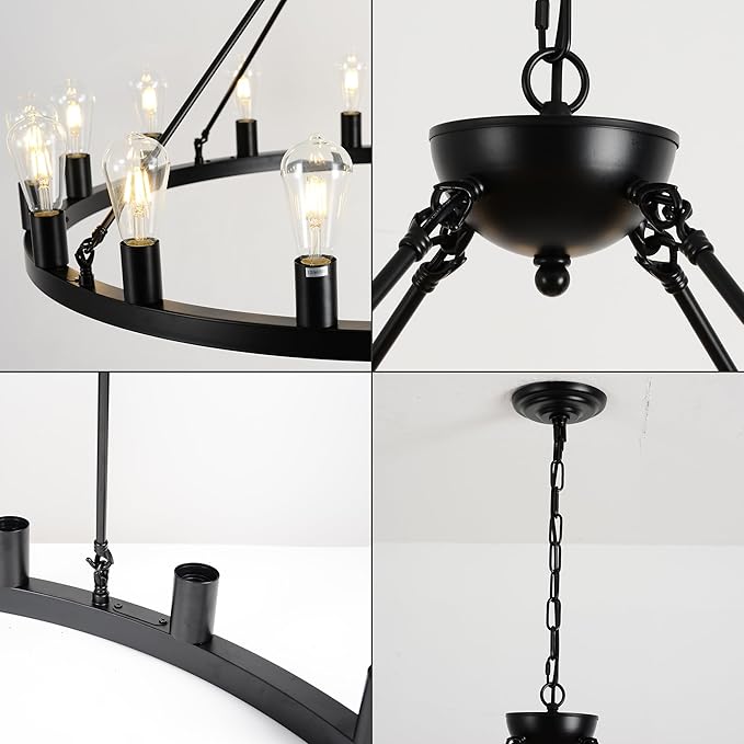 40" Black Wagon Wheel Chandelier,E26 16-Light Large Round Rustic Farmhouse Chandelier Industrial Pendant Light Fixtures for Dining Room Living Room Kitchen Island Entryway Foyer