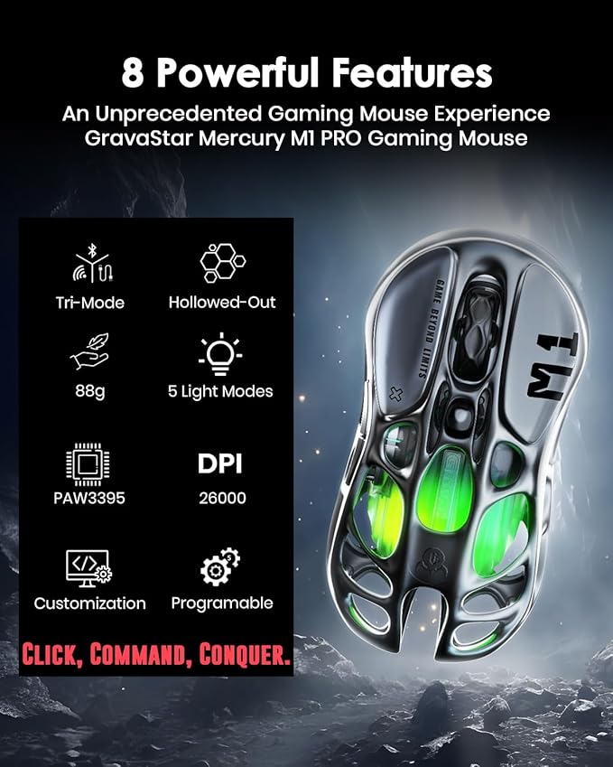 GravaStar Wireless Gaming Mice Mercury M1 Pro, Lightweight Magnesium Alloy Gaming Mouse, 26,000 DPI, PAW3395DM Sensor, Tri Mode Connection, Support 4K, Up to 200 Hours Battery Life