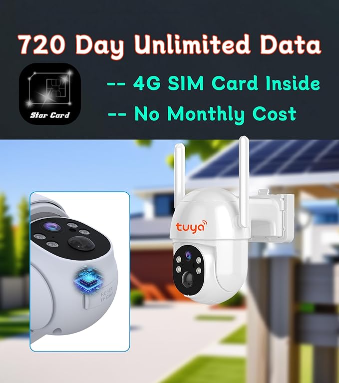 4G LTE Cellular Solar Powered 2K Security Camera Outdoor, 720 day Unlimited Data, No WiFi Battery Cam, Built in SIM Card, PIR Motion Sensor, 360° Live Surveillance, 2-Way Talk, Color Night Vision IP65