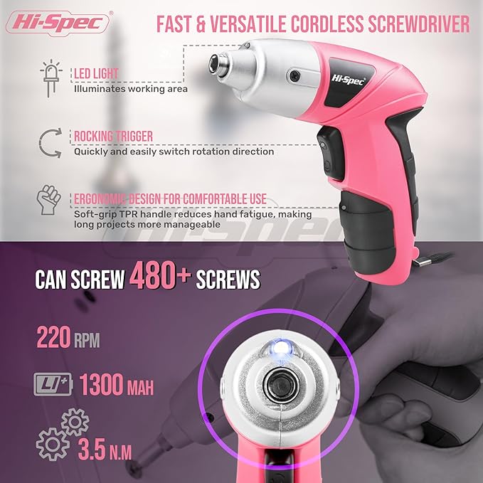 Hi-Spec 19pc 3.6V Pink USB Small Power Screwdriver & Home DIY Tool Kit Set. Cordless & Rechargeable Electric Screwdriver and Compact Hand Tool Box Set