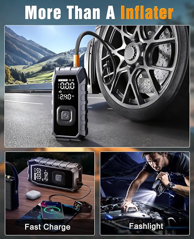 Portable Jump Pack with Air Compressor,65W Fast Charge 180PSI Cordless Electric Tire Inflator with Digital Pressure Gauge,Jump Starter Auto-Off for Car Bicycle Inflatable,Battery Booster with Light
