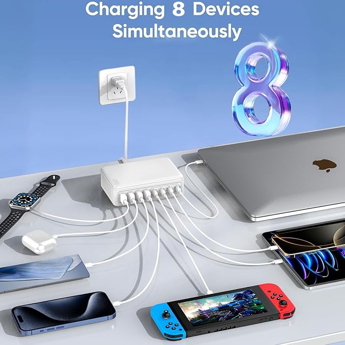 USB C Charger Block Charging Station-200W Fast GaN 8-Port Multiple Devices USB Charging Hub,65W Laptop Power Adapter Charger Compatible Apple iPhone 17/16/15/14,MacBook Pro/Air,iPad,Steam Deck,DELL