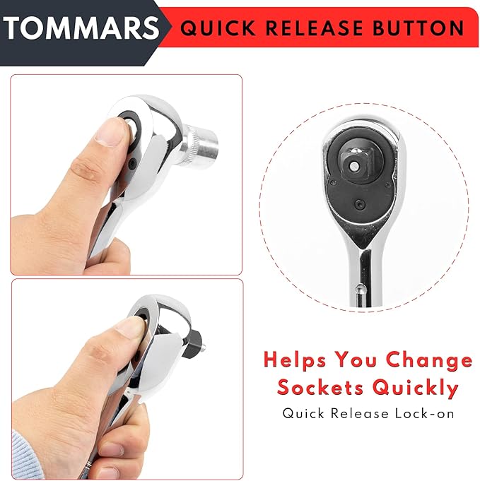 TOMMARS Extendable Ratchet Wrench Set, 1/4" 3/8" 1/2" Drive 72-Tooth Quick-release Retractable Socket Wrench Reversible