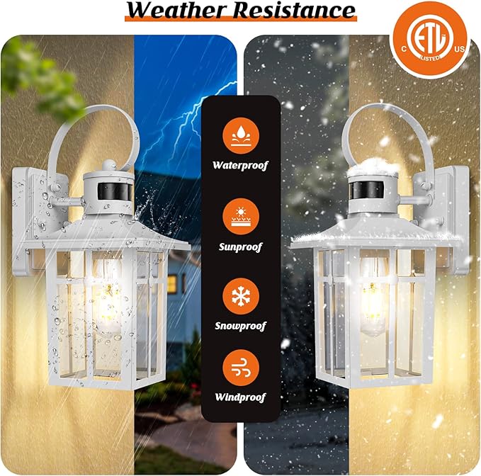 White Porch Light Fixture, 2-Pack Motion Sensor Outdoor Sconce Lights, Aluminum Outdoor Lanterns for Patio Waterproof, ETL Listed Dusk Till Dawn Outside Light Fixture for House, Porch, Front Door