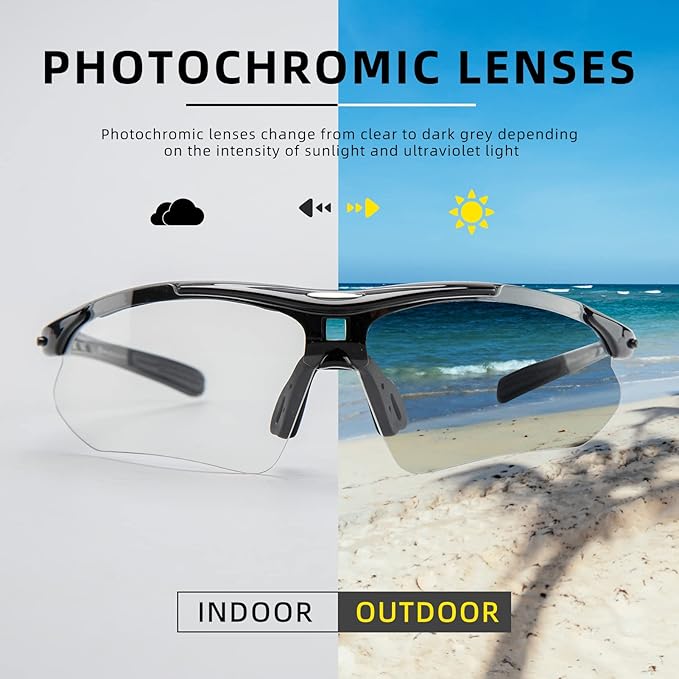 ROCKBROS Pickleball Photochromic Glasses Cycling Glasses with Removable Elasctic & Temple Band Sunglasses Fit for Men Women