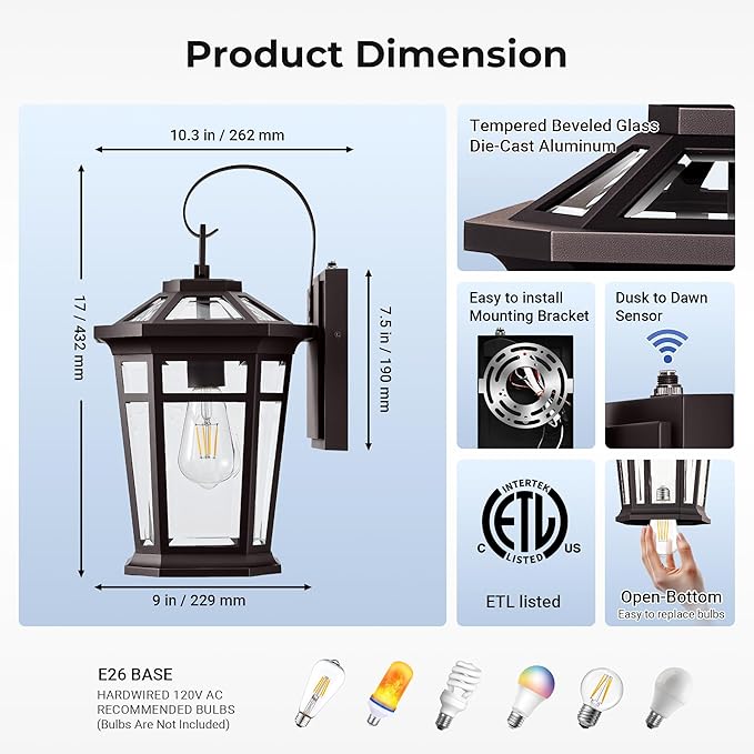 VIANIS Large Exterior Lighting Fixtures with Dawn to Dusk Sensor, Oil-Rubbed Bronze Front Porch Light, Waterproof ORB Outdoor Light Fixture, Aluminum Outside Wall Sconce for Garden, Entryway, Doorway